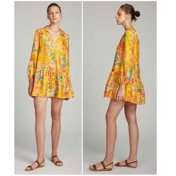 SALONI Jas drop waist silk dress sz 10 Sun Village print